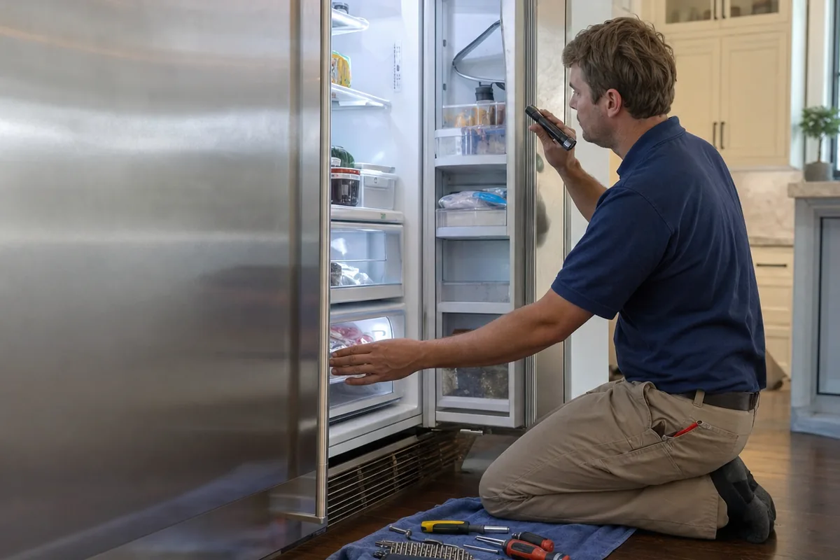 The stainless face and handle of a built-in refrigerator photographed close, daylight from the kitchen window raking across it