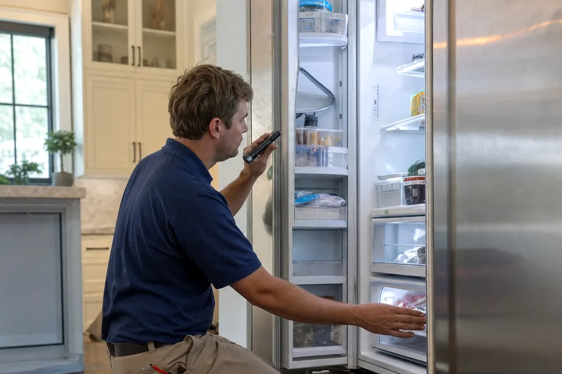 A service call under way in a home kitchen: refrigerator open, tools on the floor, cabinetry either side