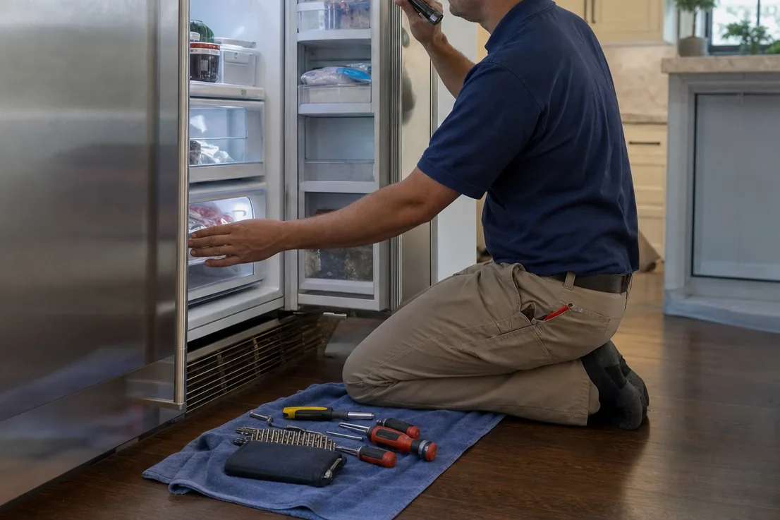 A technician working at the base of an open built-in refrigerator in a kitchen with painted cabinets and a window over the sink