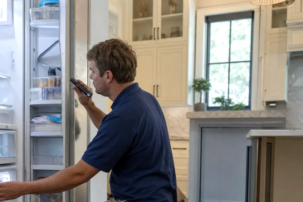 Close view of an open refrigerator interior with the technician reaching past the shelves toward the rear panel