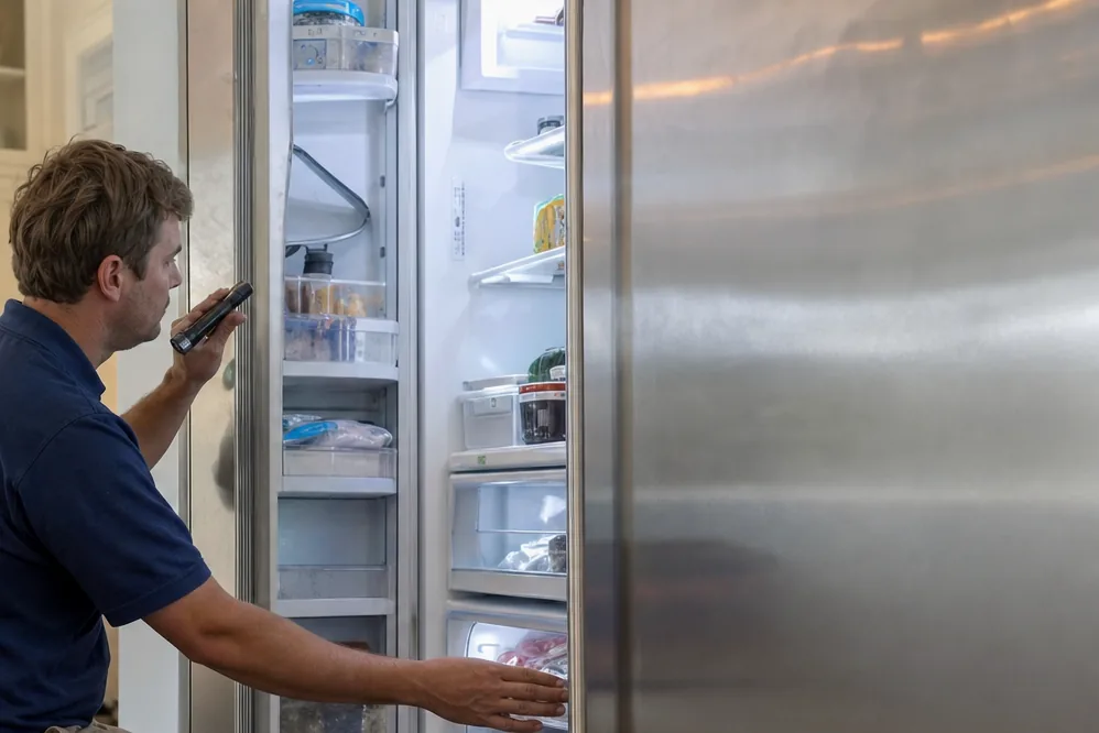 A technician crouched at the lower panel of a built-in refrigerator, hand tools spread on a folded mat