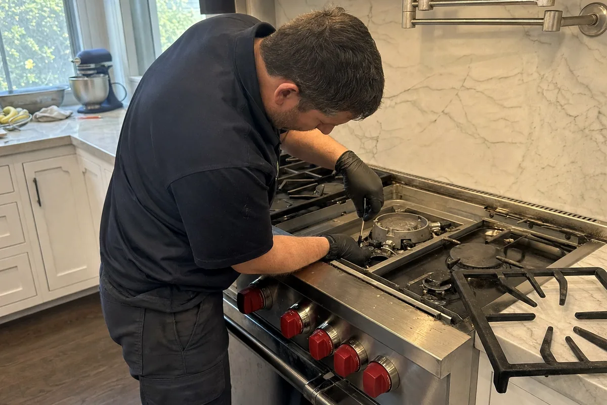 The top of a professional gas rangetop with its cast grates removed, burner caps and igniters visible across the stainless deck