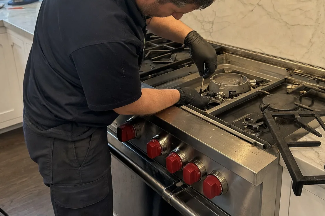 A stainless range in an older kitchen, its red control knobs bright against the steel, cabinets crowding it on both sides
