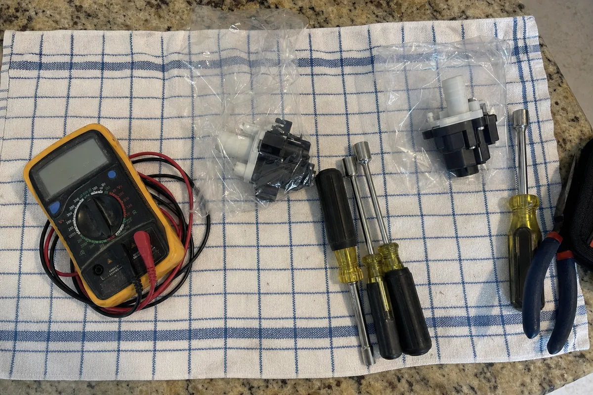 A multimeter, two bagged replacement valves and a row of screwdrivers and pliers laid out on a checked cloth over a granite counter