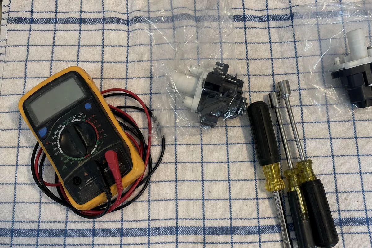 A yellow digital multimeter with red and black leads coiled beside it on a work cloth
