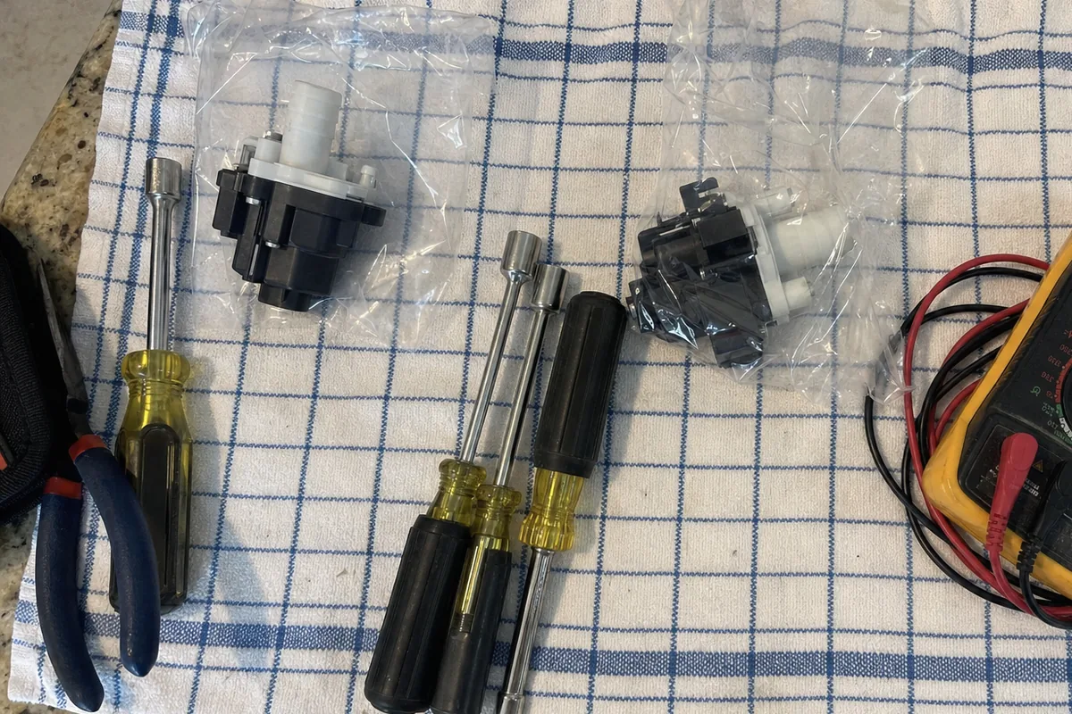 Bagged spare parts with their labels facing up, arranged next to hand tools on a counter