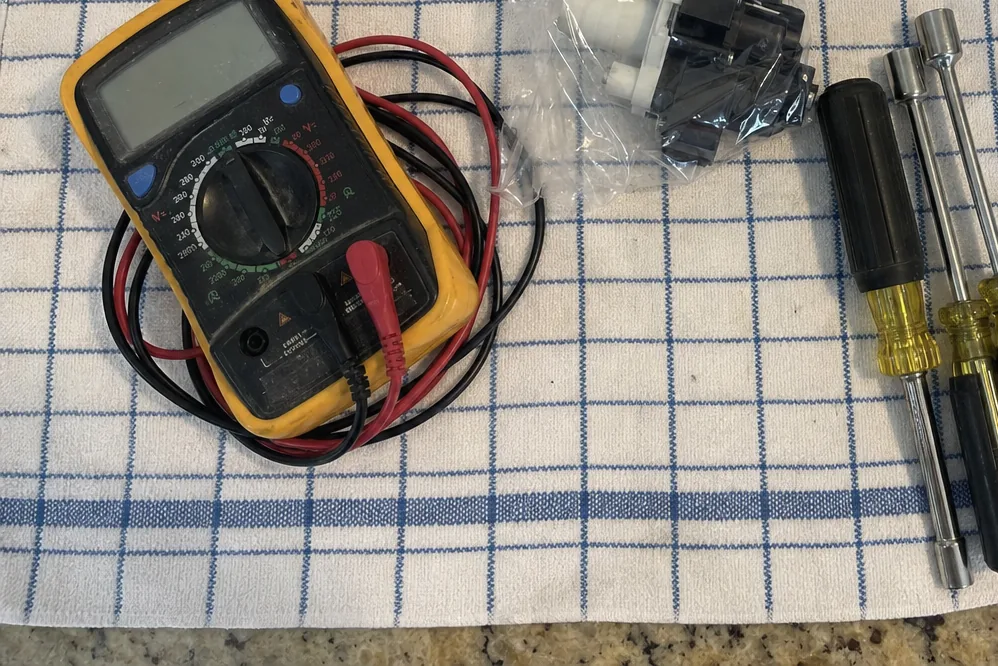 A folded work towel on a stone counter with a meter and two tools set down on it