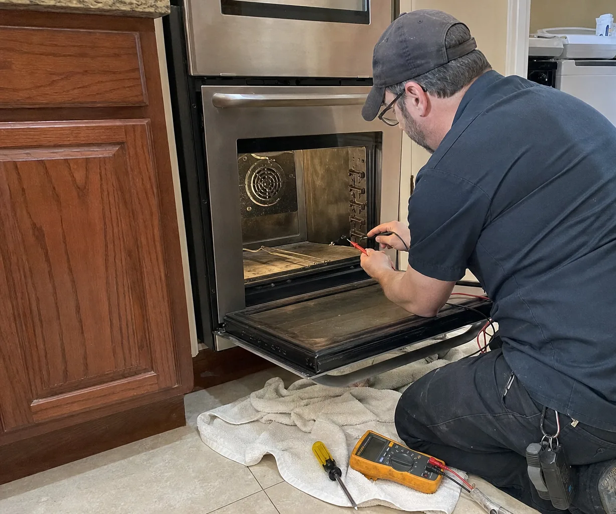 A technician kneels at the lower cavity of a stainless double wall oven, touching meter probes to the element terminals, with a yellow multimeter and screwdriver on a towel