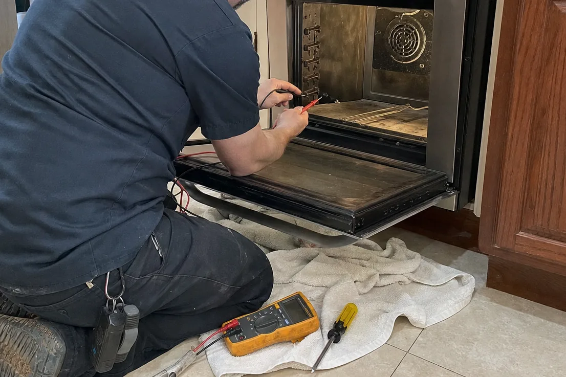An open wall oven in a kitchen with the technician crouched in front of it, tools laid out ready